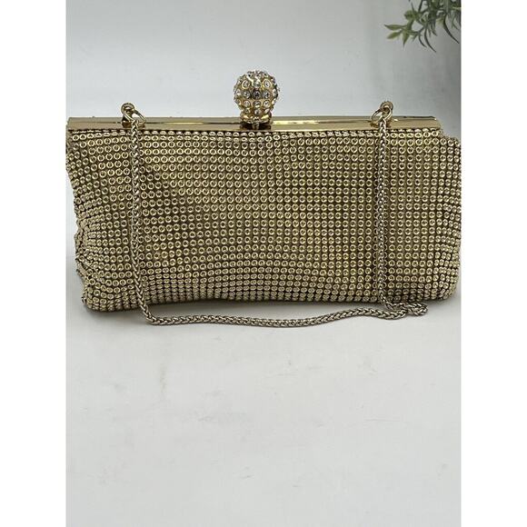 Whiting & Davis Gold Crystal Ball Metal Mesh Evening Clutch Bag Purse - Picture 2 of 16